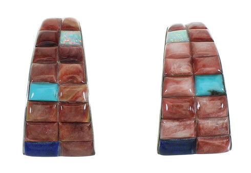 Southwest Authentic Sterling Silver Multicolor Inlay Post Hoop Earrings RX83384