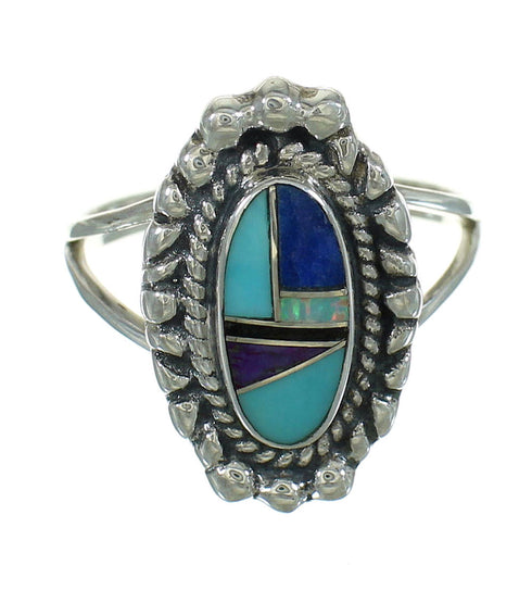 Silver Southwestern Multicolor Inlay Ring Size 7-1/2 YX84352