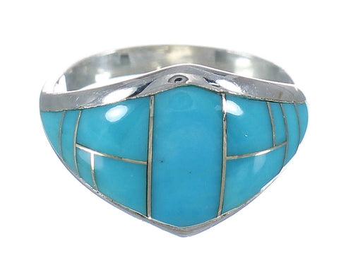 Turquoise Inlay Southwestern Silver Ring Size 7-1/4 AX90563