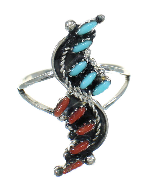 Genuine Sterling Silver Turquoise And Coral Needlepoint Ring Size 7-1/2 FX91953
