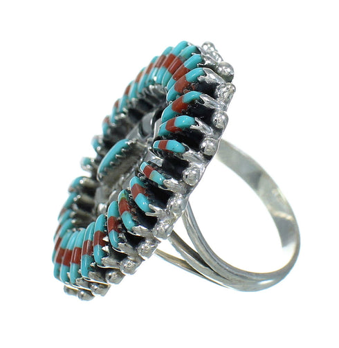 Authentic Sterling Silver Turquoise And Coral Needlepoint Ring Size 5-3/4 FX91956