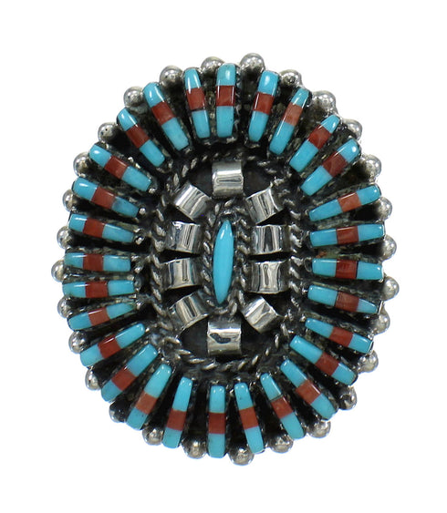 Genuine Sterling Silver Turquoise And Coral Needlepoint Ring Size 6-3/4 FX91970