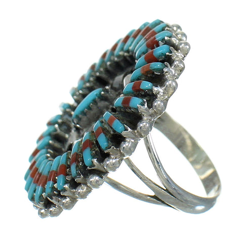 Genuine Sterling Silver Turquoise And Coral Needlepoint Ring Size 5-3/4 FX91965
