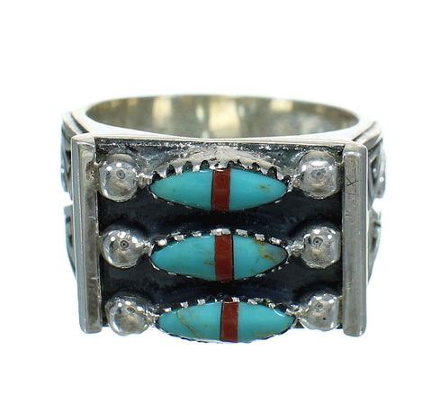 Turquoise And Coral Needlepoint Sterling Silver Ring Size 4-3/4 FX91987