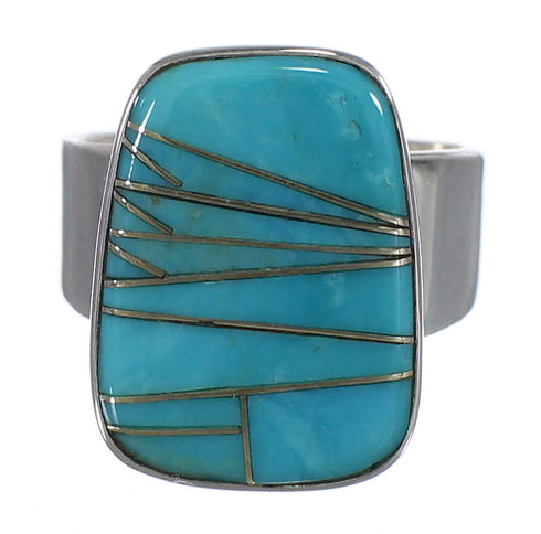 Silver Southwestern Turquoise Inlay Ring Size 6-3/4 AX88029