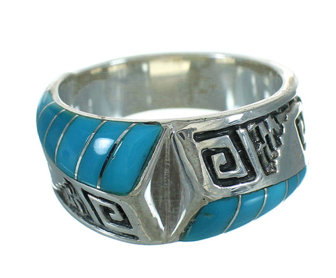 Turquoise Inlay Sterling Silver Water Wave Jewelry Ring Size 8-1/4 FX91784