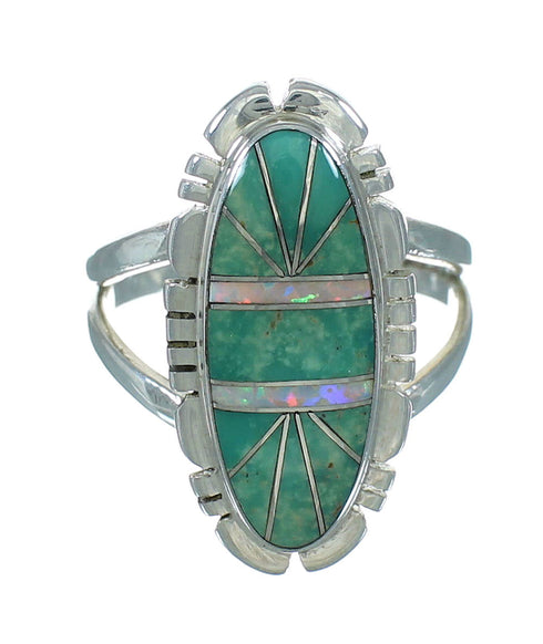 Turquoise And Opal Inlay Sterling Silver Ring Size 7-1/2 AX87527