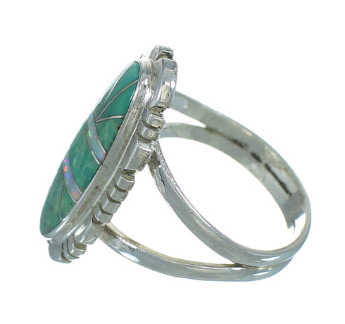 Turquoise And Opal Inlay Sterling Silver Ring Size 7-1/2 AX87527