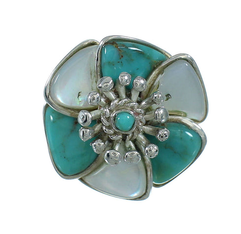 Turquoise And Mother Of Pearl Inlay Sterling Silver Flower Ring Size 5-3/4 AX87537
