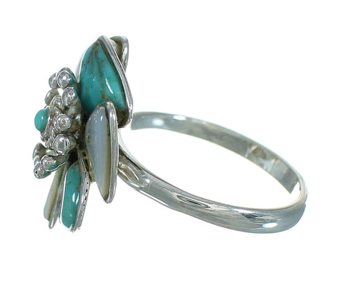 Turquoise And Mother Of Pearl Inlay Sterling Silver Flower Ring Size 5-3/4 AX87537