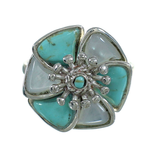 Turquoise And Mother Of Pearl Silver Flower Ring Size 8-1/2 AX87539