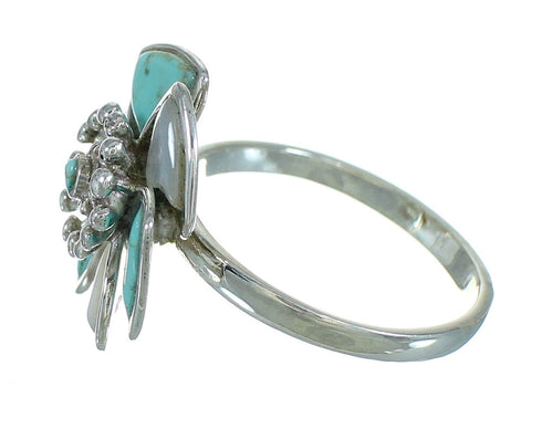 Turquoise And Mother Of Pearl Silver Flower Ring Size 8-1/2 AX87539