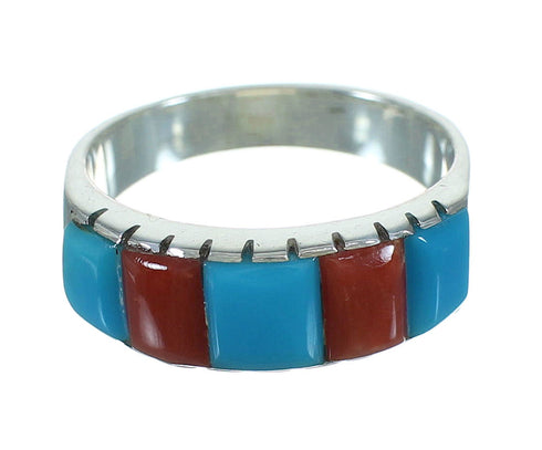 Coral And Turquoise Inlay Authentic Sterling Silver Southwestern Ring Size 7-3/4 AX87571