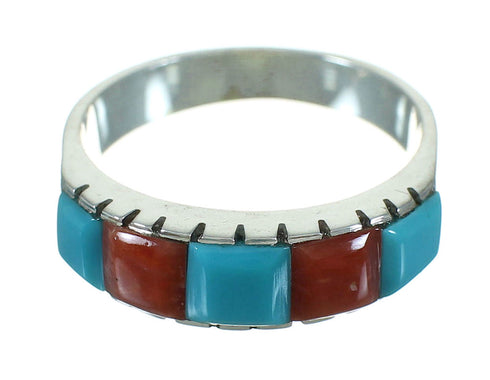 Southwestern Turquoise And Coral Inlay Genuine Sterling Silver Ring Size 8-1/2 AX87596