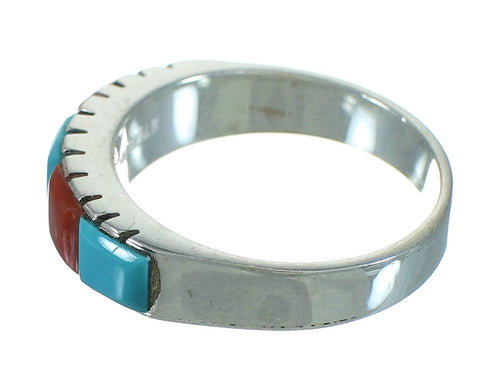 Southwest Turquoise And Coral Inlay Genuine Sterling Silver Ring Size 7-3/4 AX87595