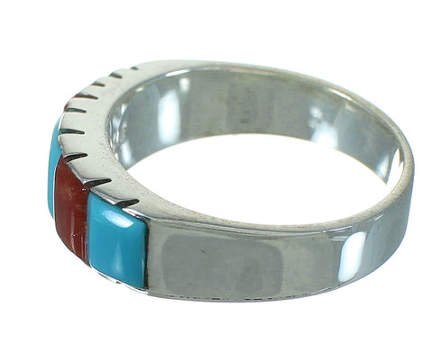 Turquoise And Coral Inlay Southwest Sterling Silver Ring Size 6-3/4 AX87598