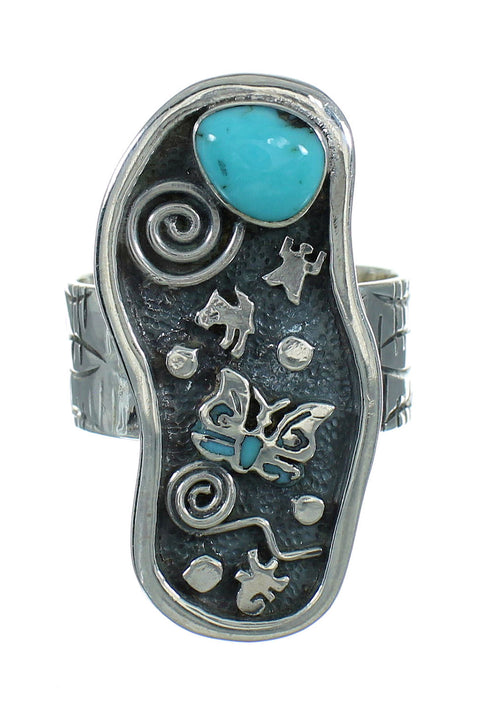 Southwestern Turquoise Sterling Silver Butterfly Water Wave Ring Size 6-3/4 YX89510