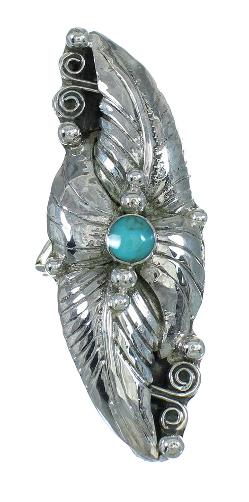 Southwest Genuine Sterling Silver Turquoise Scalloped Leaf Ring Size 7-3/4 YX89540
