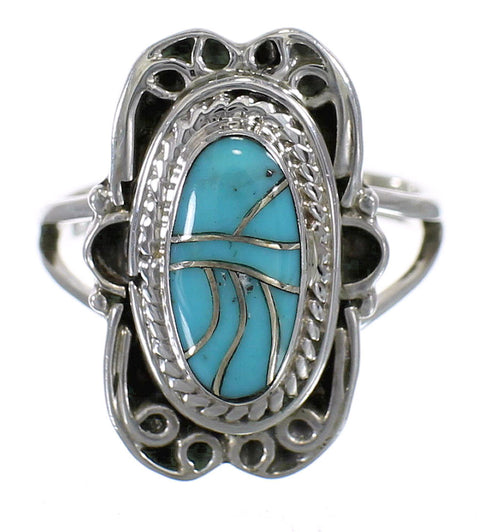 Authentic Sterling Silver And Turquoise Inlay Ring Size 4-1/2 RX86171