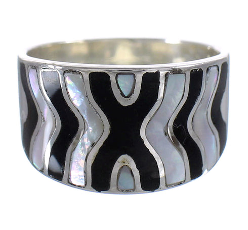 Silver Southwestern Jet Mother Of Pearl Ring Size 8-1/4 QX87599