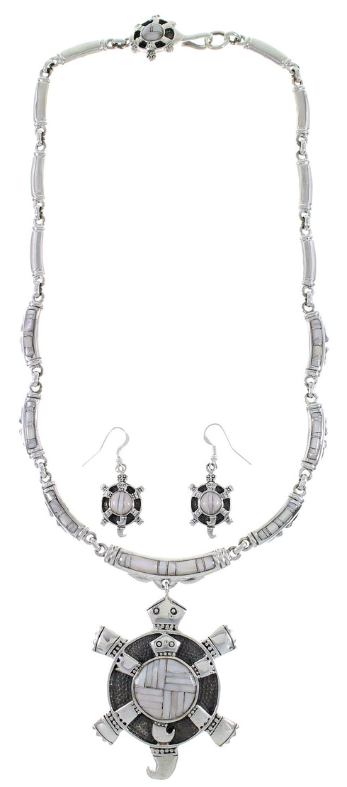 Pink Shell Inlay Genuine Sterling Silver Turtle Link Necklace Set AX93719