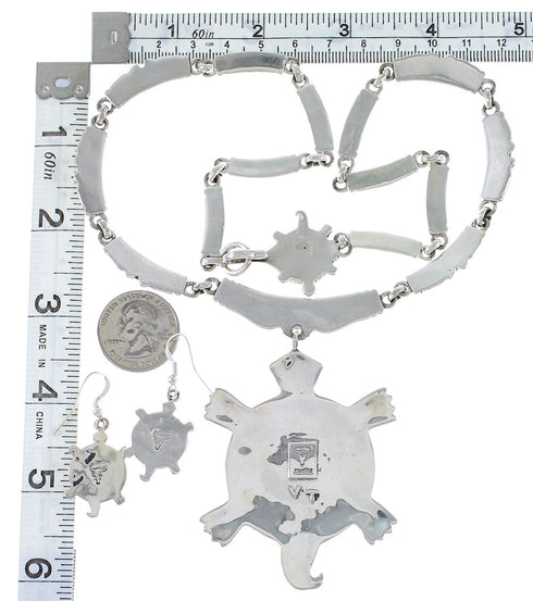 Pink Shell Inlay Genuine Sterling Silver Turtle Link Necklace Set AX93719