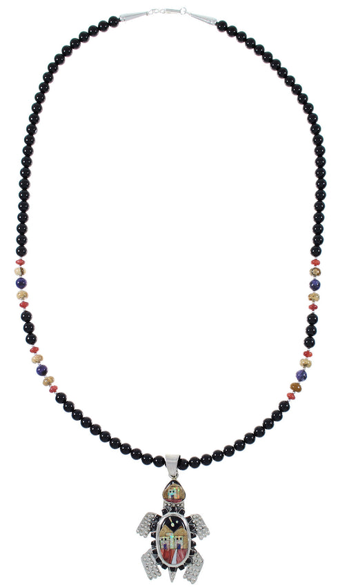 Multicolor Sterling Silver Native American Village Design Turtle Necklace Set AX93906
