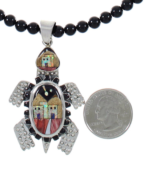 Multicolor Sterling Silver Native American Village Design Turtle Necklace Set AX93906