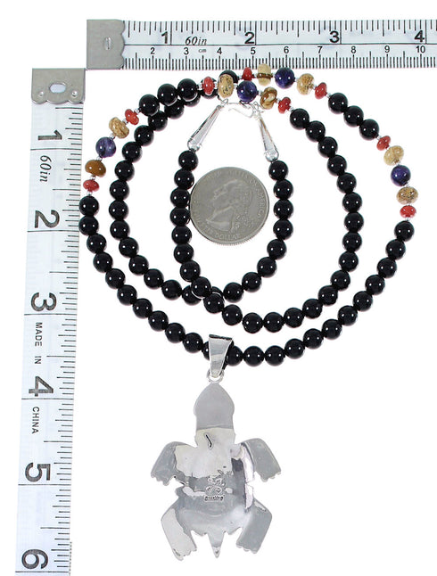 Multicolor Sterling Silver Native American Village Design Turtle Necklace Set AX93906