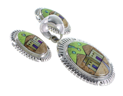 Multicolor Native American Village Design Pendant Earrings Set EX32611