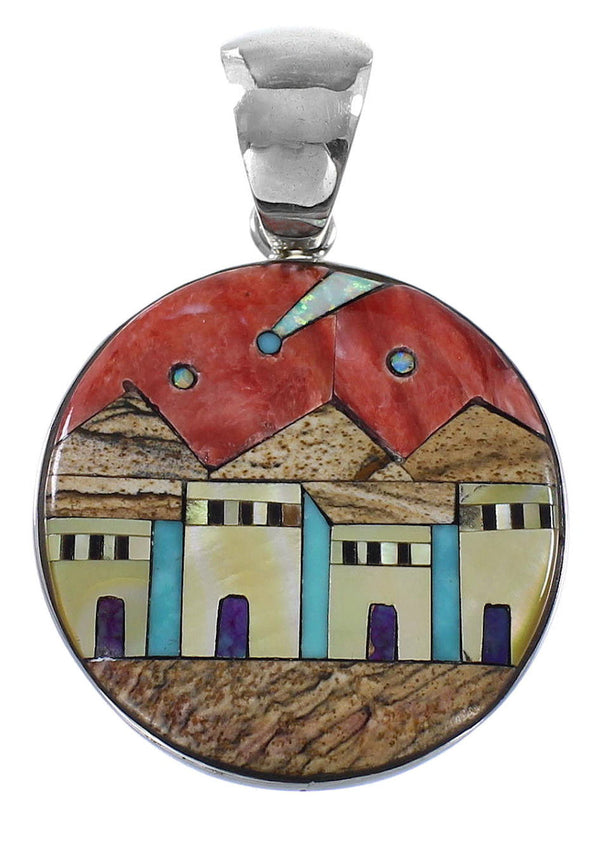 Silver Multicolor Native American Village Design Pendant YS62861
