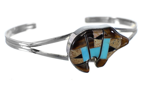 Sterling Silver Tiger Eye Multicolor Inlay Bear Cuff Bracelet RS41551