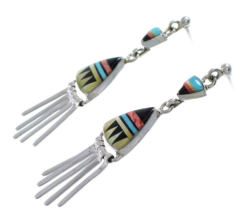 Southwestern Multicolor Inlay Silver Post Dangle Earrings YS59989