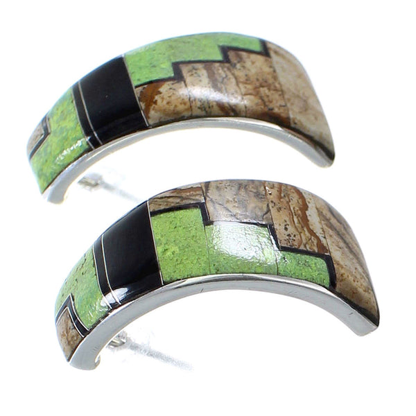 Sterling Silver Multicolor Inlay Post Hoop Earrings FX31236