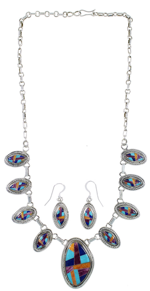 Sterling Silver Multicolor Inlay Link Necklace Earrings Set PS71234