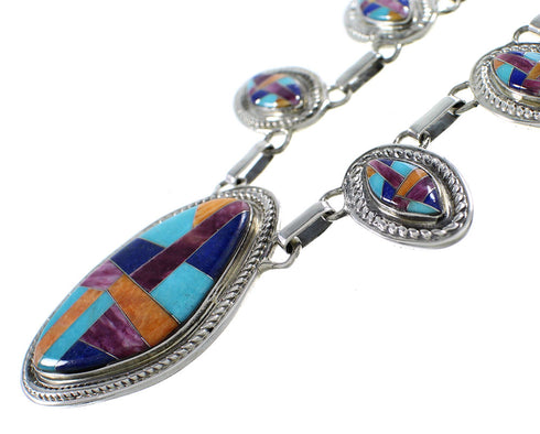 Sterling Silver Multicolor Inlay Link Necklace Earrings Set PS71234