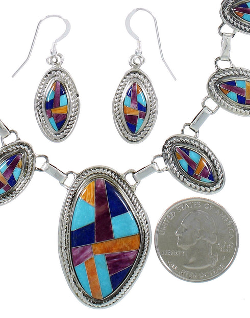 Sterling Silver Multicolor Inlay Link Necklace Earrings Set PS71234