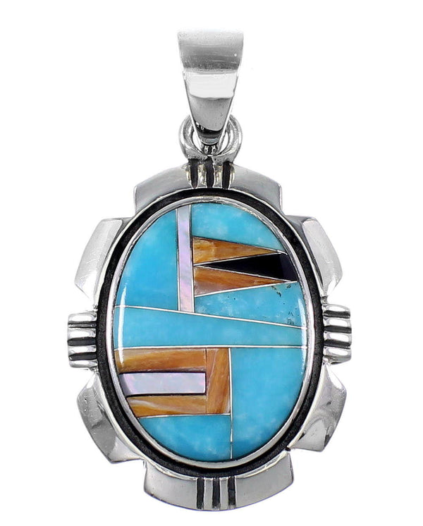 Turquoise And Multicolor Inlay Southwest Silver Pendant QS57888