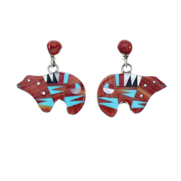 Sterling Silver Multicolor Inlay Bear Post Dangle Earrings SN20275