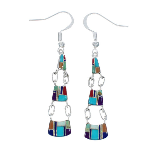 Southwestern Multicolor Inlay Sterling Silver Triple Dangle Hook Earrings SN20282