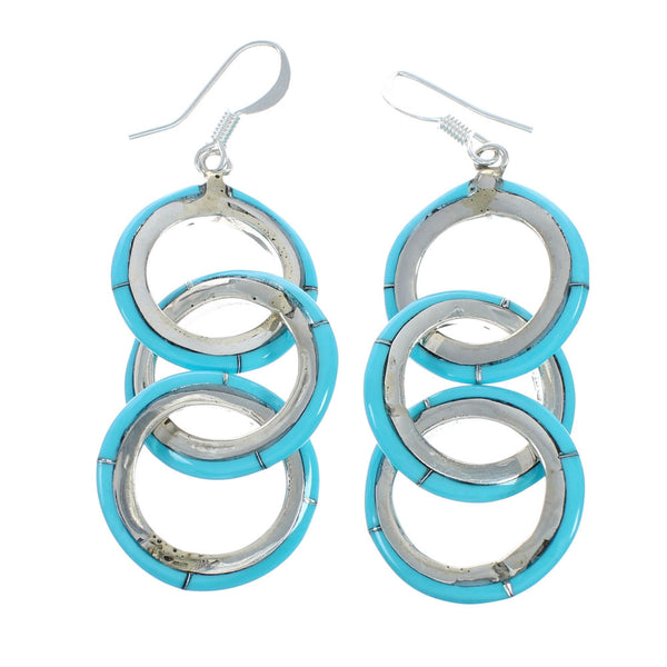 Sterling Silver Turquoise Inlay Triple Circle Linked Dangle Earrings SN20280