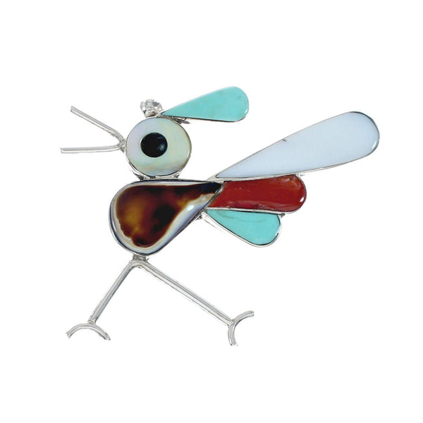 Native American Zuni Sterling Silver Multicolor Road Runner Pin Pendant NX11560