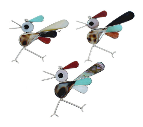 Native American Zuni Sterling Silver Multicolor Road Runner Pin Pendant NX11560
