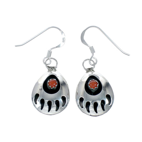 Navajo Coral Sterling Silver Bear Paw Hook Dangle Earrings SX10080