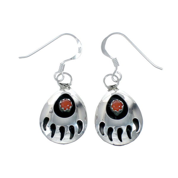 Navajo Coral Sterling Silver Bear Paw Hook Dangle Earrings SX10080