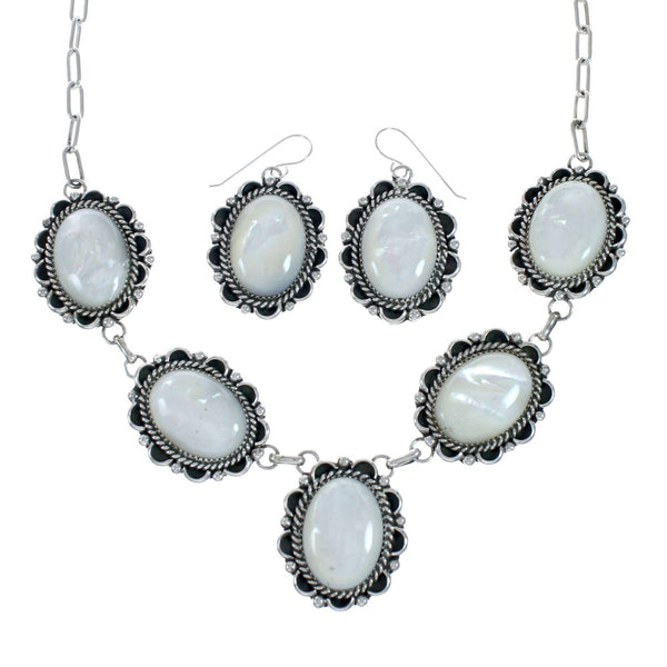 Native American Sterling Silver Mother Of Pearl Navajo Link Necklace Set XS10010