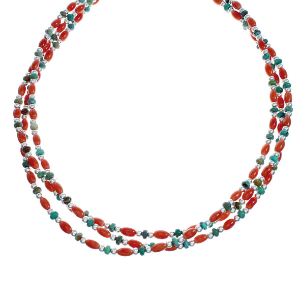 Turquoise And Coral Navajo Sterling Silver 3-Strand Bead Necklace XS10029