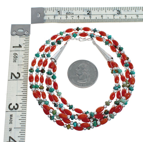 Turquoise And Coral Navajo Sterling Silver 3-Strand Bead Necklace XS10029