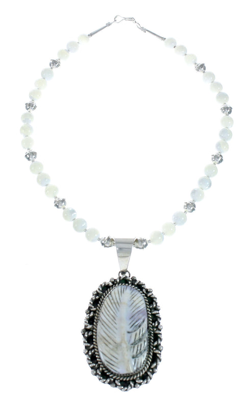 Native American Sterling Silver Mother of Pearl Bead Necklace Feather Pendant XS10042