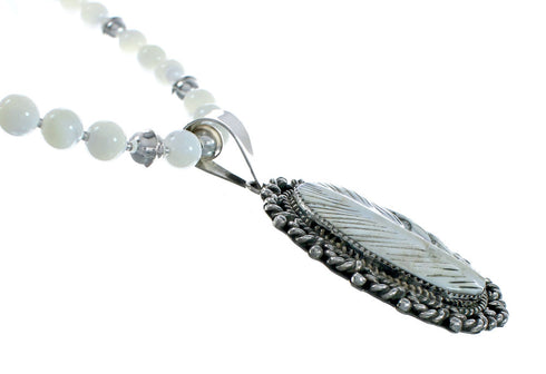Native American Sterling Silver Mother of Pearl Bead Necklace Feather Pendant XS10042